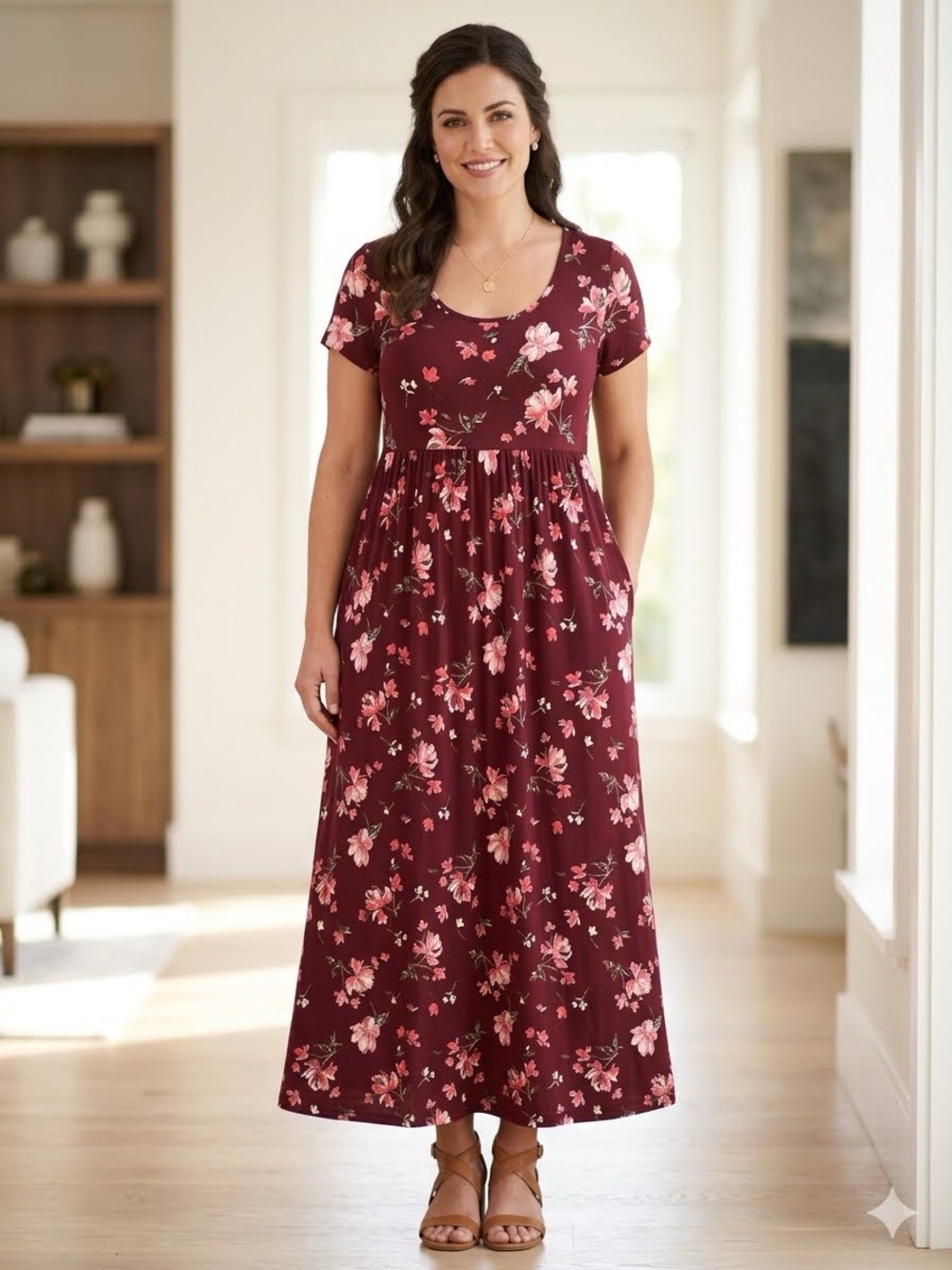 Women’s Floral Scoop-Neck Maxi Dress in Burgundy